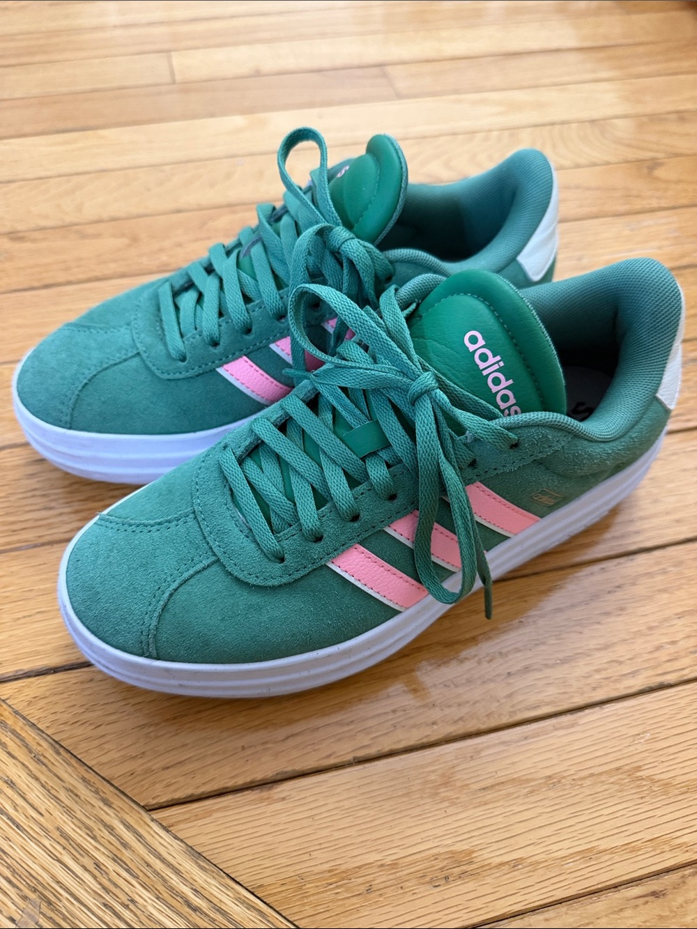 Adidas VL Court Green Suede Trainers with Pink Stripes W 6